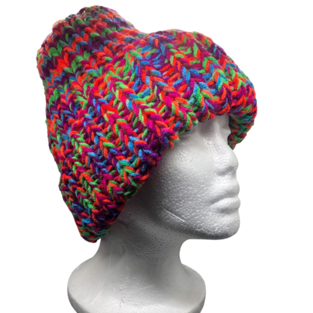 Chunky Ribbed Knit Toboggan Dark Neon Beanie Folded Brim Hat - Picture 4 of 17